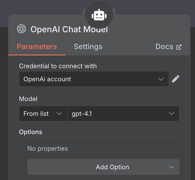 Configuring the AI model in n8n