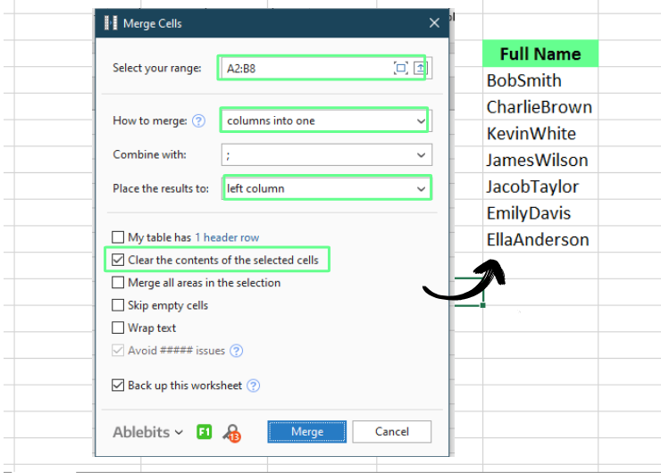 Zellen mit Add-Ins in Excel zusammenführen.