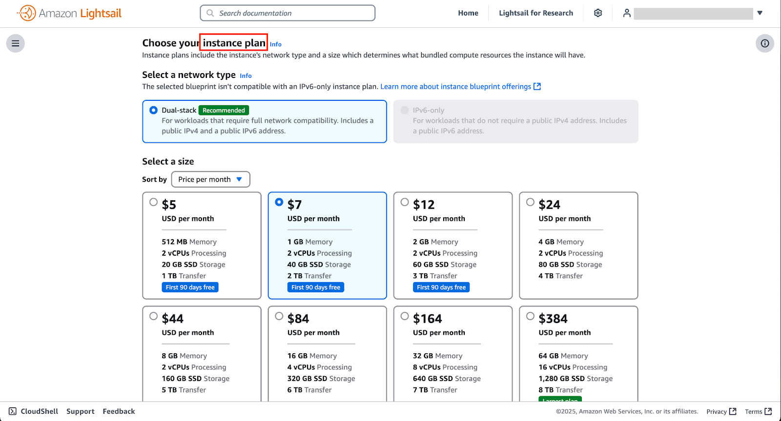 AWS Lightsail sélection de plans disponibles.