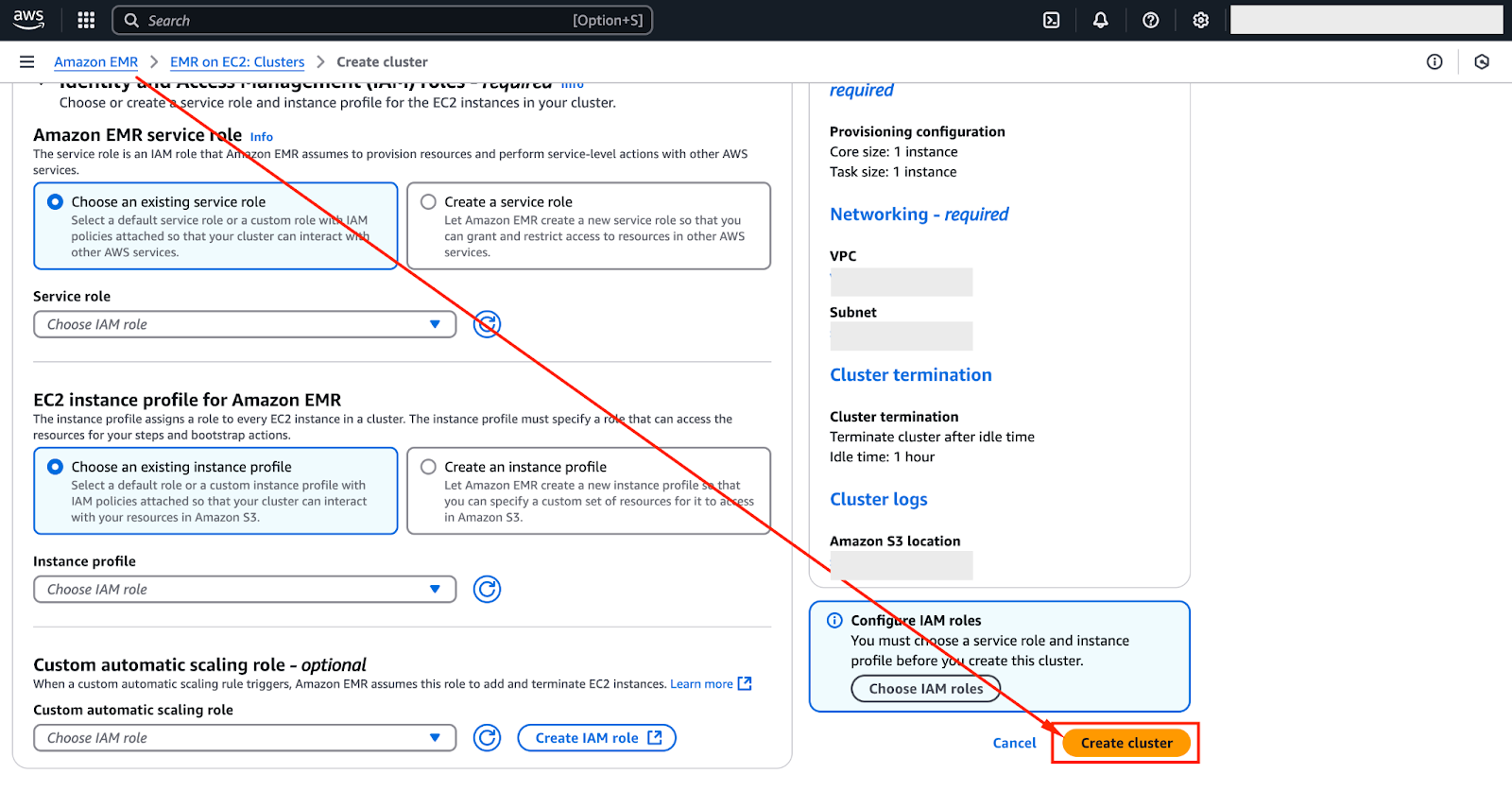 Screenshot of the AWS Management Console showing the 'Create Cluster' button for launching a new Amazon EMR cluster.