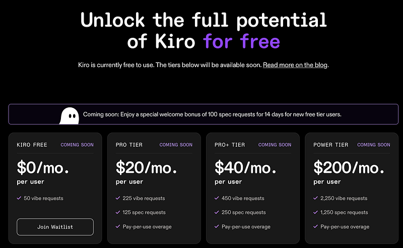 Niveaux de tarification de Kiro IDE présentant les formules d'abonnement Pro et Pro+ par rapport à l'accès gratuit en avant-première.