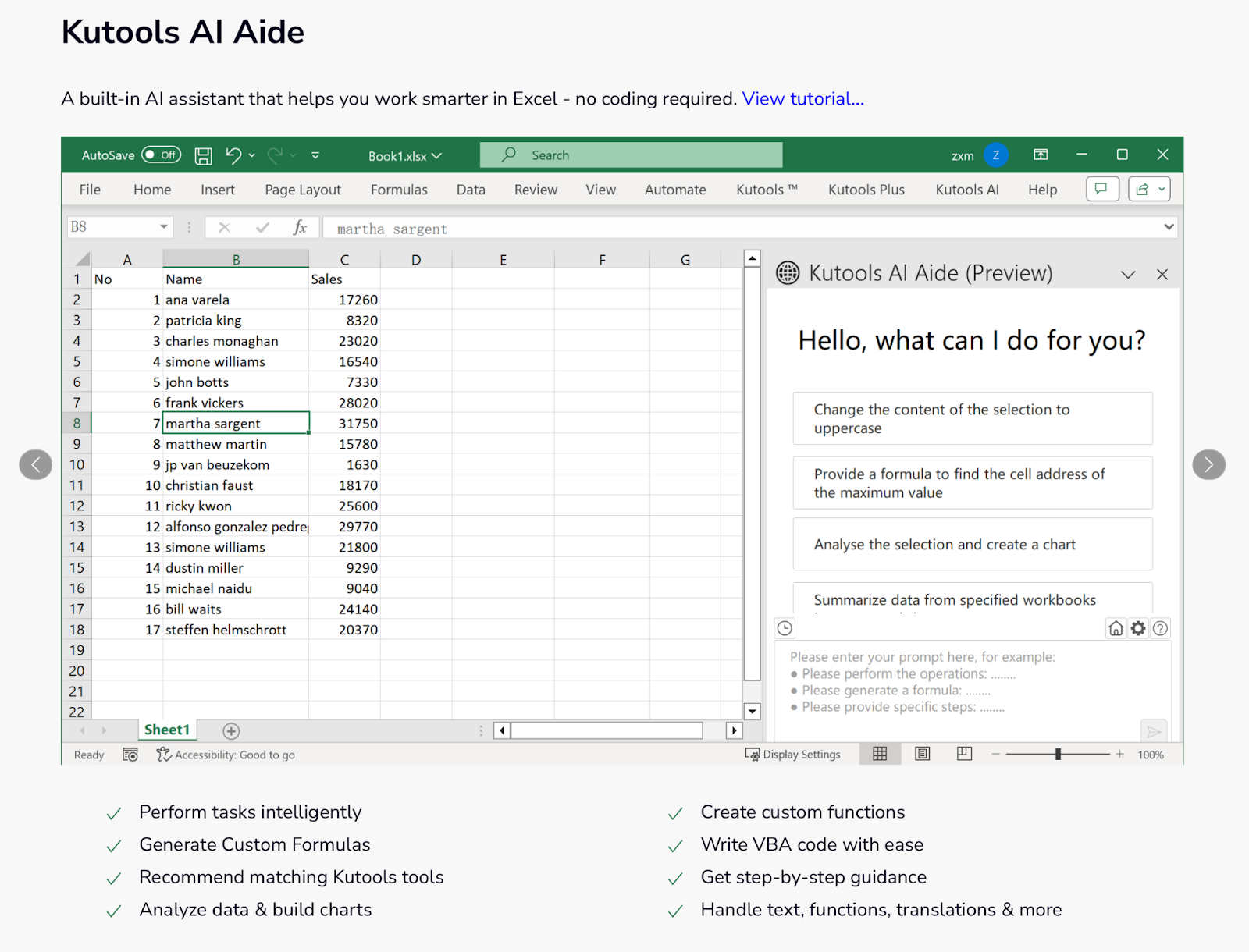 Kutools AI Aide interface showing intelligent automation capabilities within Excel