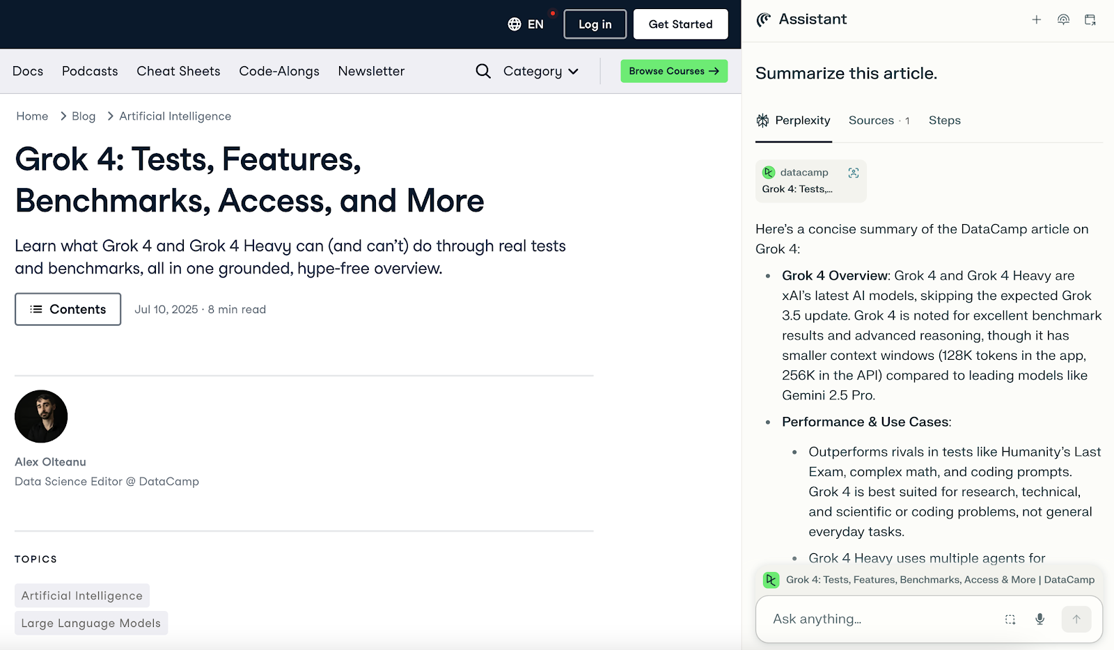 Captura de pantalla de un artículo de DataCamp titulado «Grok 4: pruebas, características, benchmarks, acceso y más», con contenido sobre las capacidades de Grok 4. La barra lateral derecha muestra un asistente de IA que resume el artículo, destacando las características y los detalles de rendimiento.