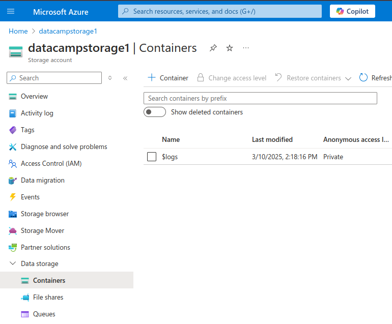 Azure Storage Containers page