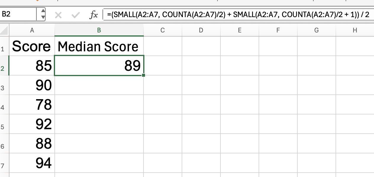 Finding the median in Excel using COUNTA, ROUNDUP and SMALL