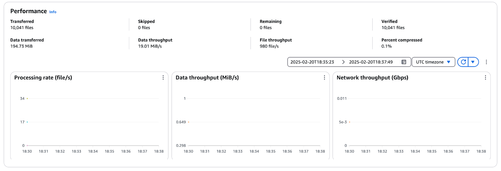 AWS DataSync-Konsole mit Leistungsstatistiken, einschließlich der insgesamt übertragenen Dateien (10.041), der übertragenen Daten (194,73 MiB) und der Durchsatzmetriken für die Verarbeitungsrate, die Datenübertragungsrate und die Netzwerknutzung.