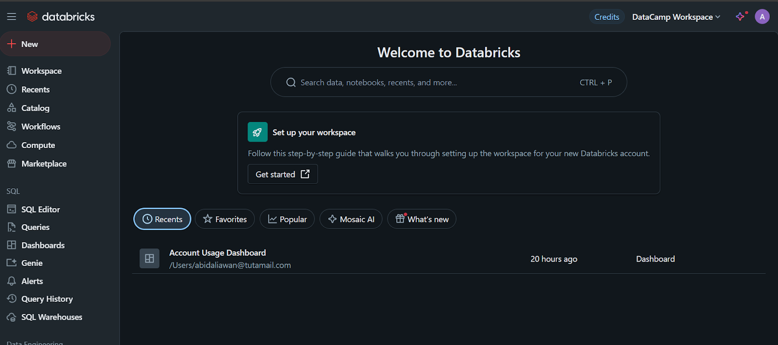 O painel de controle do Databricks.