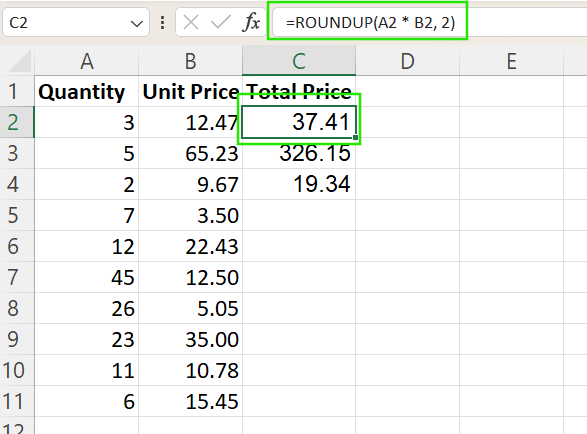ROUNDUP in Excel nach der Multiplikation zweier Spalten
