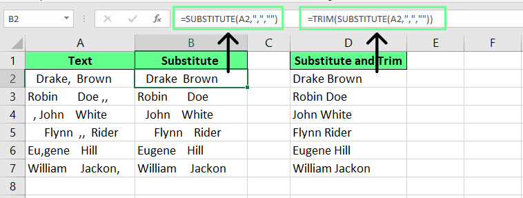 Kombiniere SUBSTITUTE und TRIM, um die Begrenzungszeichen in Excel zu entfernen.