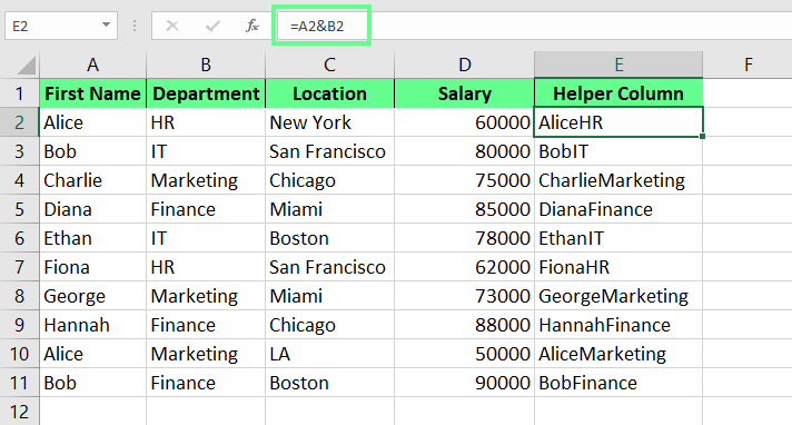 création d'une colonne d'aide dans Excel.