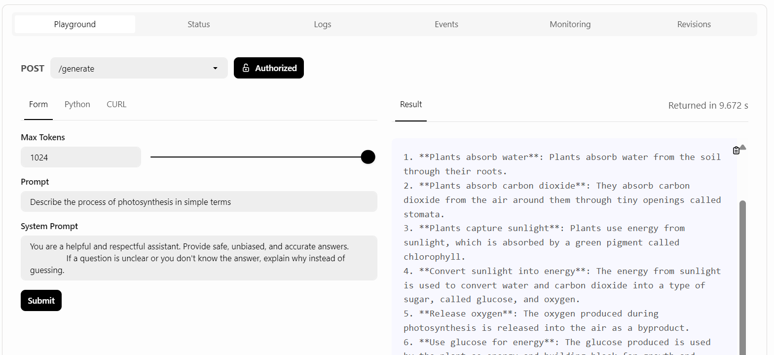 BentoCloud Dashboards "Einsätze" > "Playground", um den LLM-Dienst zu testen.