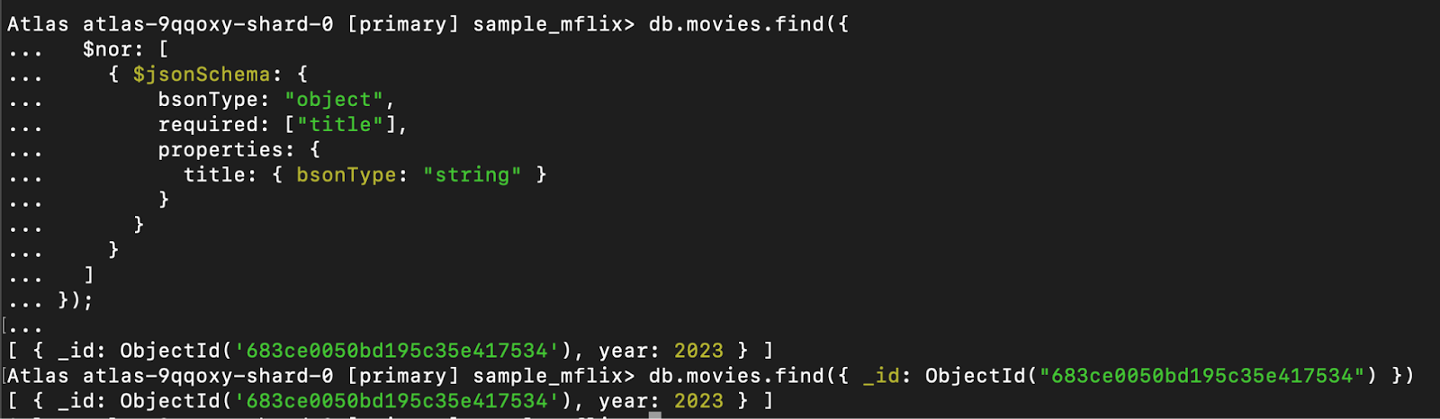 This query uses $nor with $jsonSchema to find documents in the movies collection that do not have a title field of type string. The result shows a document with _id: 683ce0050bd195c35e417534 that only contains the year field, confirming it violates the schema requiring a title. This technique is useful for identifying invalid documents before enforcing stricter validation rules.