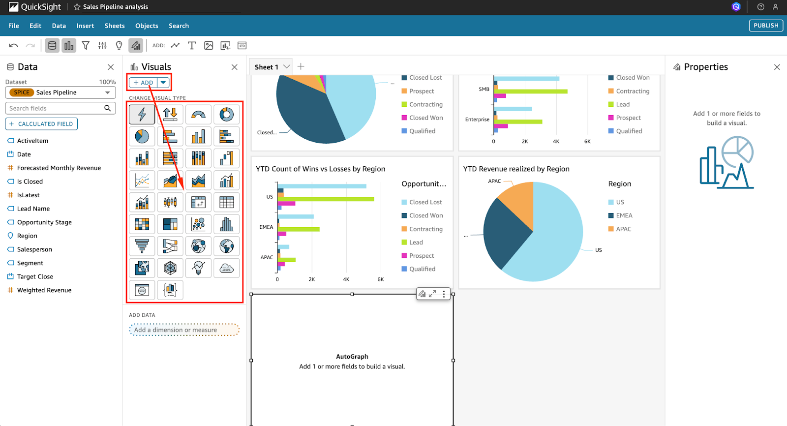 Capture d'écran de la console QuickSight montrant l'option d'ajout de visuels dans l'onglet "analyses".