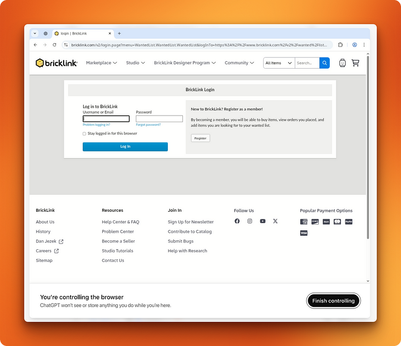 Agente ChatGPT solicitando login do usuário na conta BrickLink para criar uma lista de desejos de peças Lego com integração automatizada do fluxo de trabalho de comércio eletrônico
