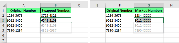 Intercambia y oculta los datos utilizando Flash Fill en Excel.