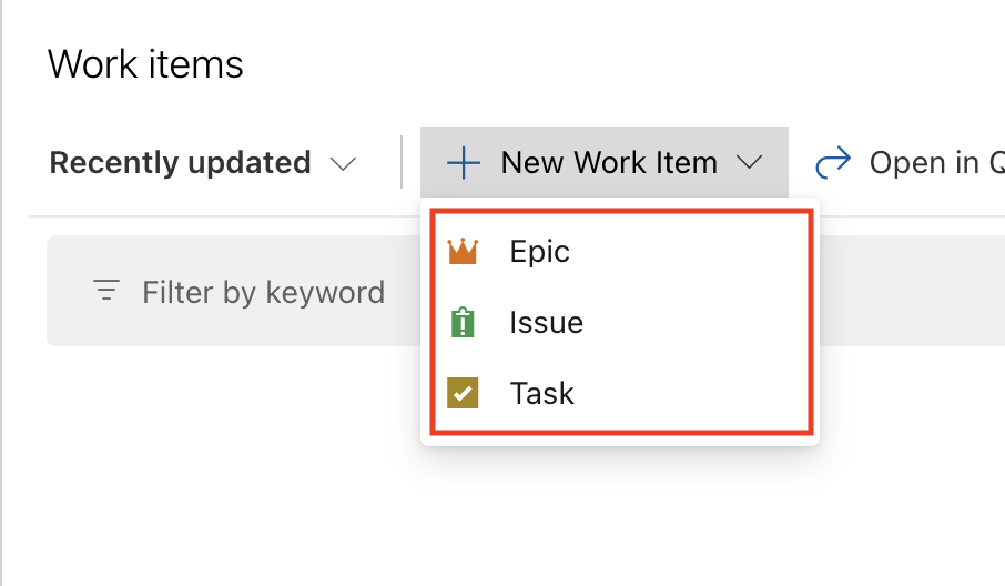 From the drop-down menu of "New Work Item", you can create the following:

Epic: A large project or extensive work that covers multiple smaller pieces.

Issue: A specific problem or bug that needs fixing.

Task: A single, actionable piece of work to be completed.

This simple process helps you effectively manage different aspects of your project within Azure Boards.