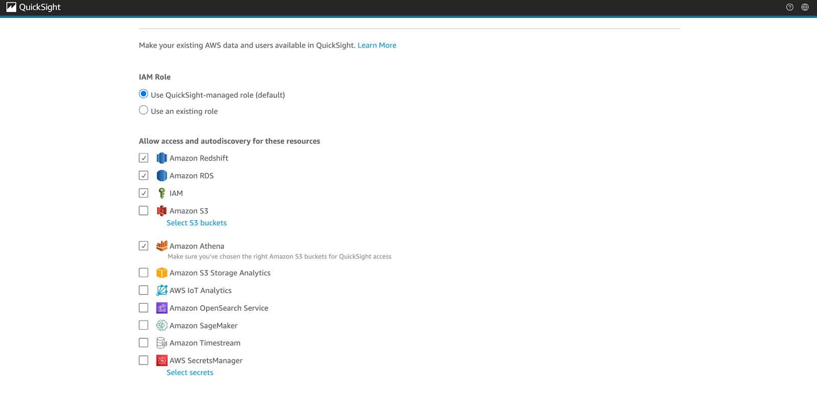 Capture d'écran de la console QuickSight montrant le processus d'inscription (partie 02).