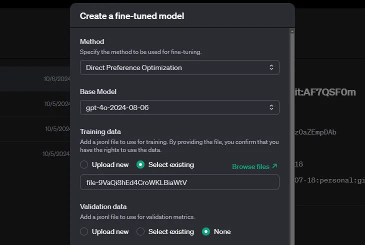 Tangkapan layar fine-tuning dari dasbor OpenAI.