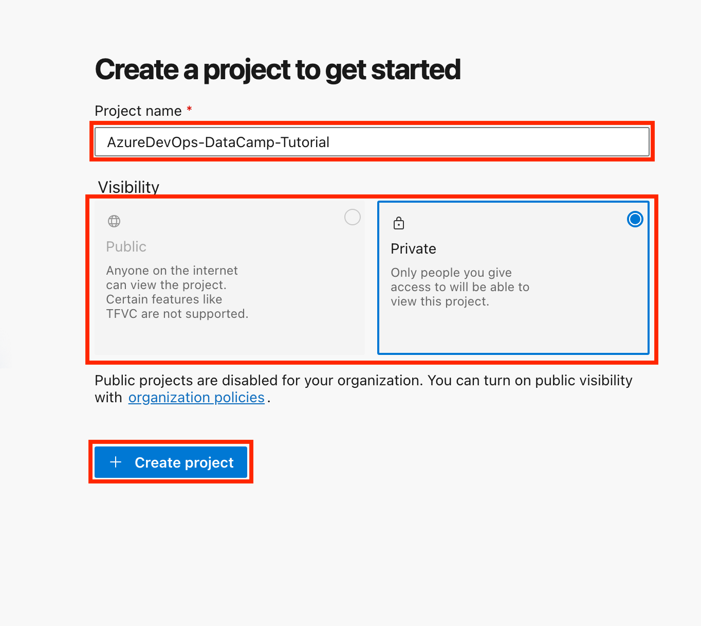 Setting up a new project in Azure DevOps is straightforward:

Enter the project details, including the project name, a brief description, and set the visibility (public or private).

Finally, click "Create the Project" to get started.