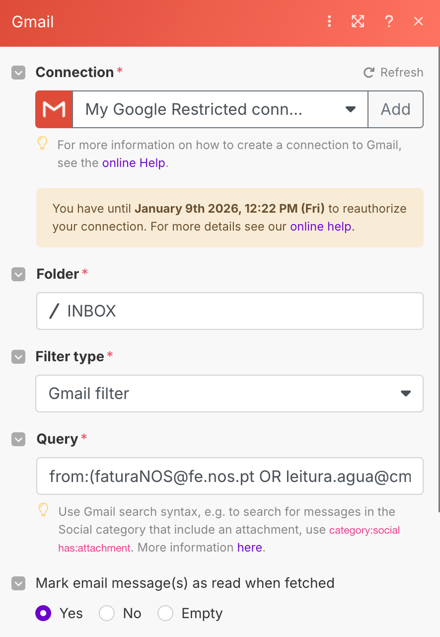 Leer configuración de correo electrónico