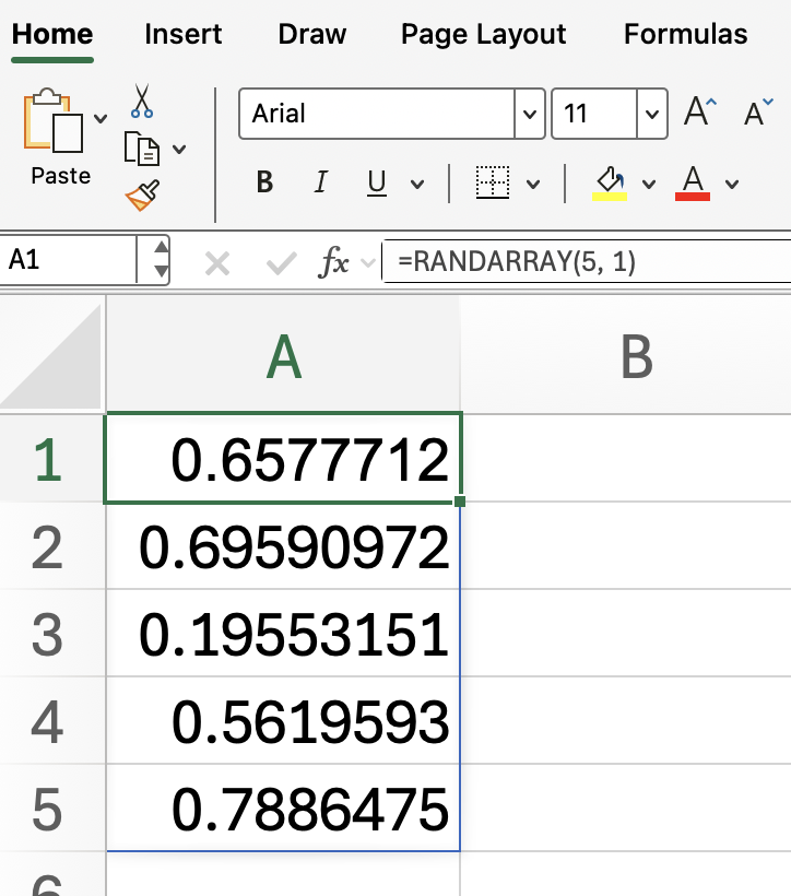 RANDARRAY()-Funktion in Excel mit Dezimalstellen