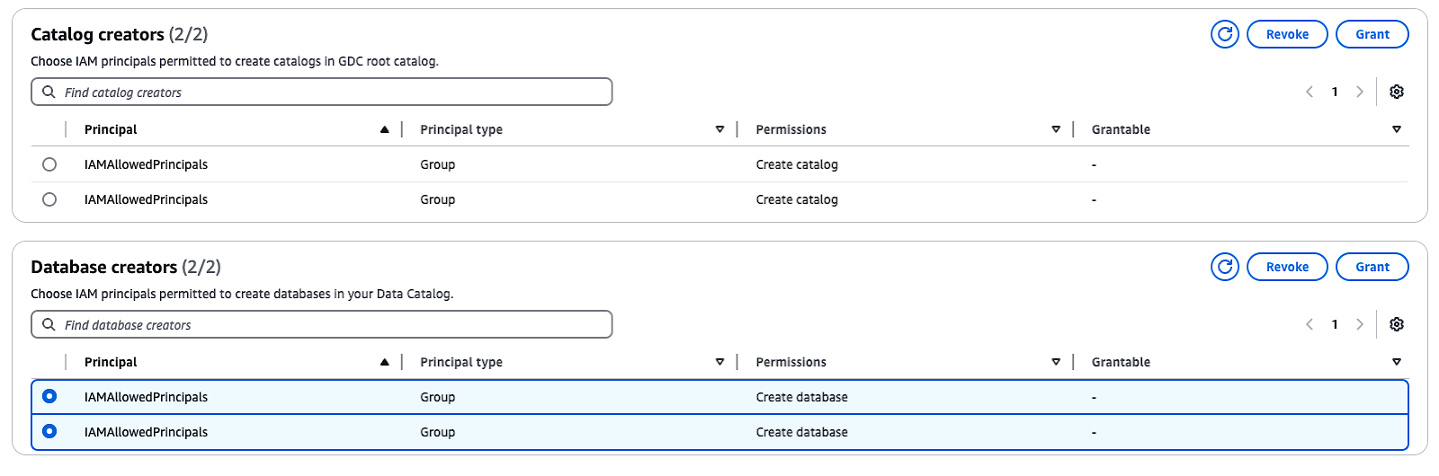 Capture d'écran de l'interface AWS Lake Formation affichant les options pour les créateurs de catalogues et de bases de données, y compris le groupe IAMAllowedPrincipals avec les autorisations Create catalog et Create database.