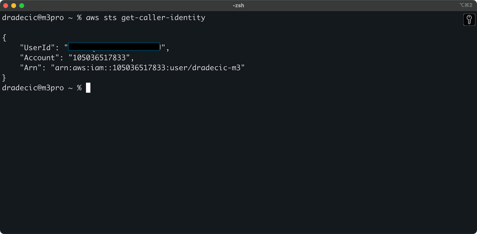 Imagem 5 - Comando de conexão de teste da CLI da AWS
