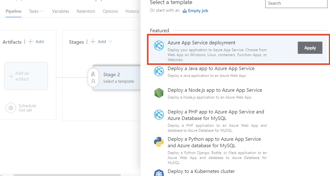 Interface Azure DevOps montrant l'option de sélection du modèle Azure App Service Deployment pour la configuration du pipeline de diffusion.