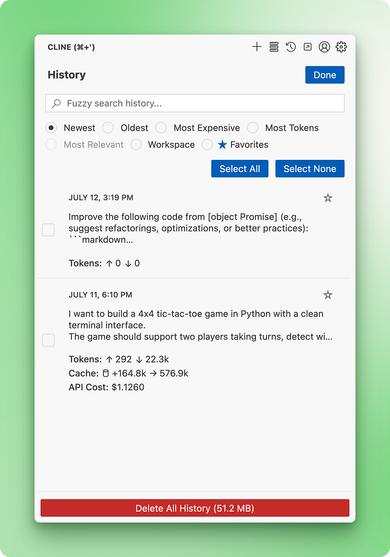 Cline's chat history interface showing organized conversations with filtering options and search functionality
