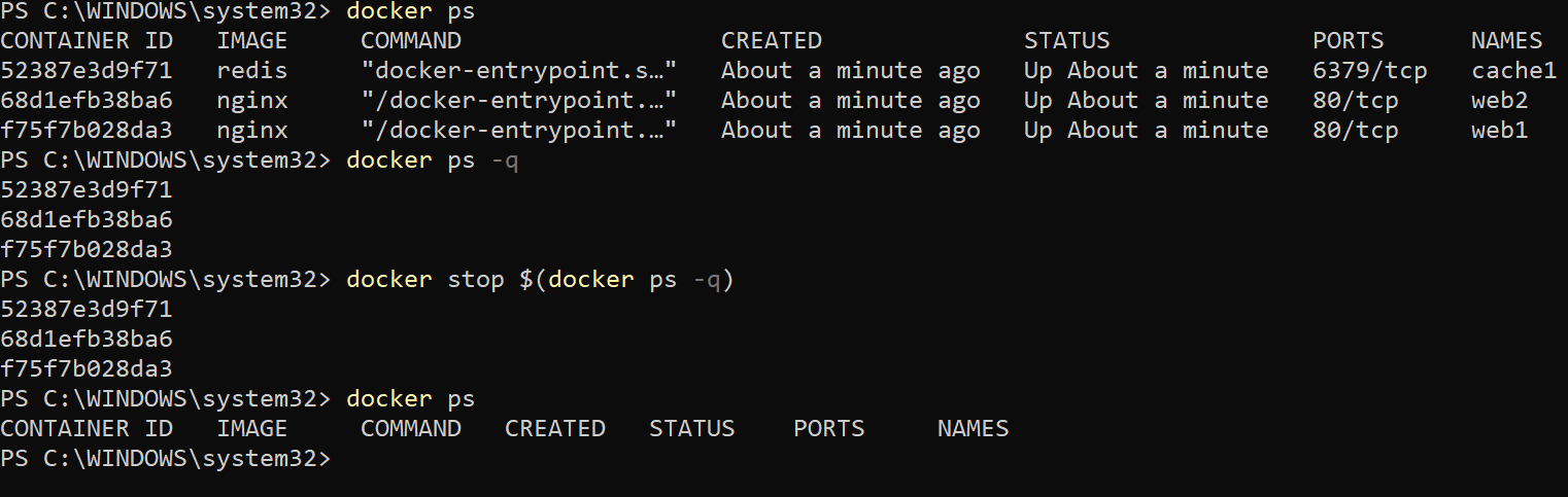 Terminal-Sitzung mit docker ps -q in docker stop, um alle Container herunterzufahren.