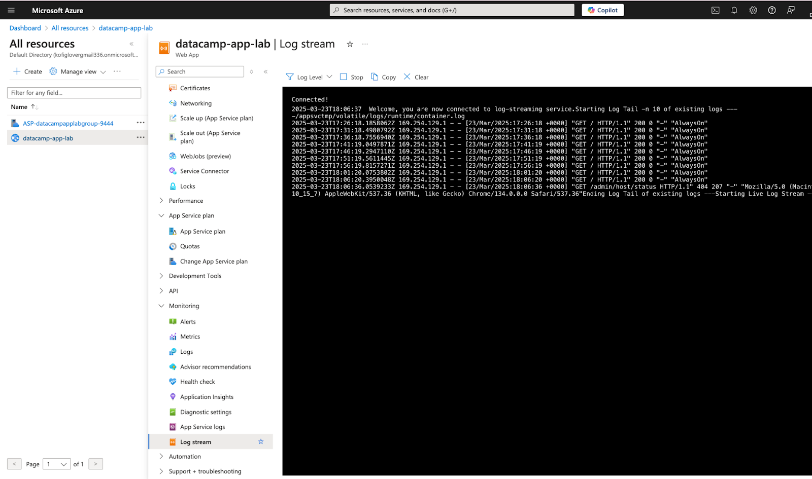 Visualização de registros no Serviço de Aplicativo do Azure.