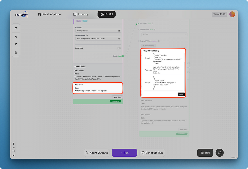 Die AutoGPT-Oberfläche zeigt die erste erfolgreiche Ausgabe des KI-Textgenerators, die eine Antwort auf eine Benutzeranfrage in einer einfachen ChatGPT-ähnlichen Oberfläche anzeigt.