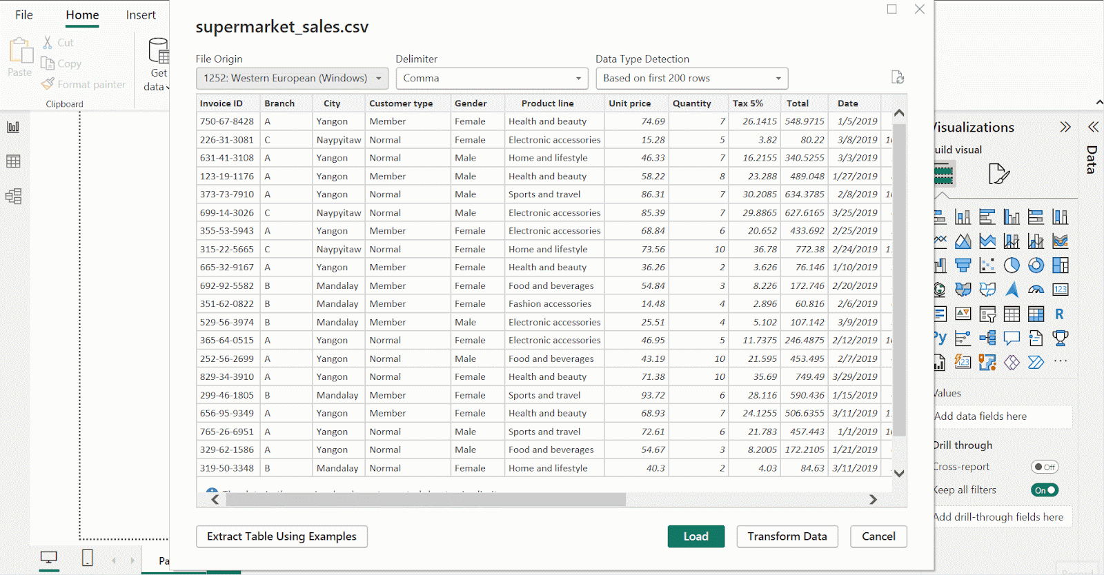 GIF showing how to load the supermarket sales data into Power Query window