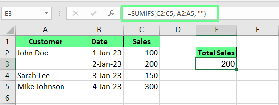 Additionnez toutes les cellules vides à l'aide de la fonction SUMIFS() d'Excel.