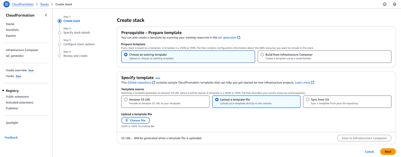 Interfaz de AWS CloudFormation con una opción para cargar un archivo de plantilla para la creación de pilas.
