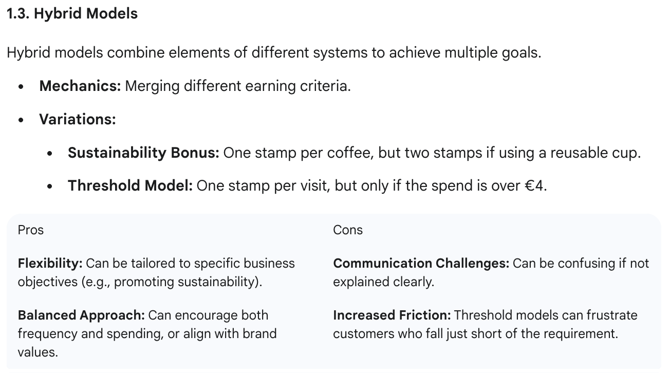 Hybrid models table outlining pros and cons of sustainability bonus and threshold model in loyalty programs, emphasizing business flexibility and challenges in communication.