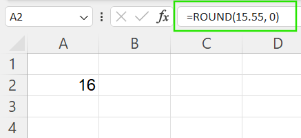 Using the ROUND() function to round to the nearest whole number in Excel.
