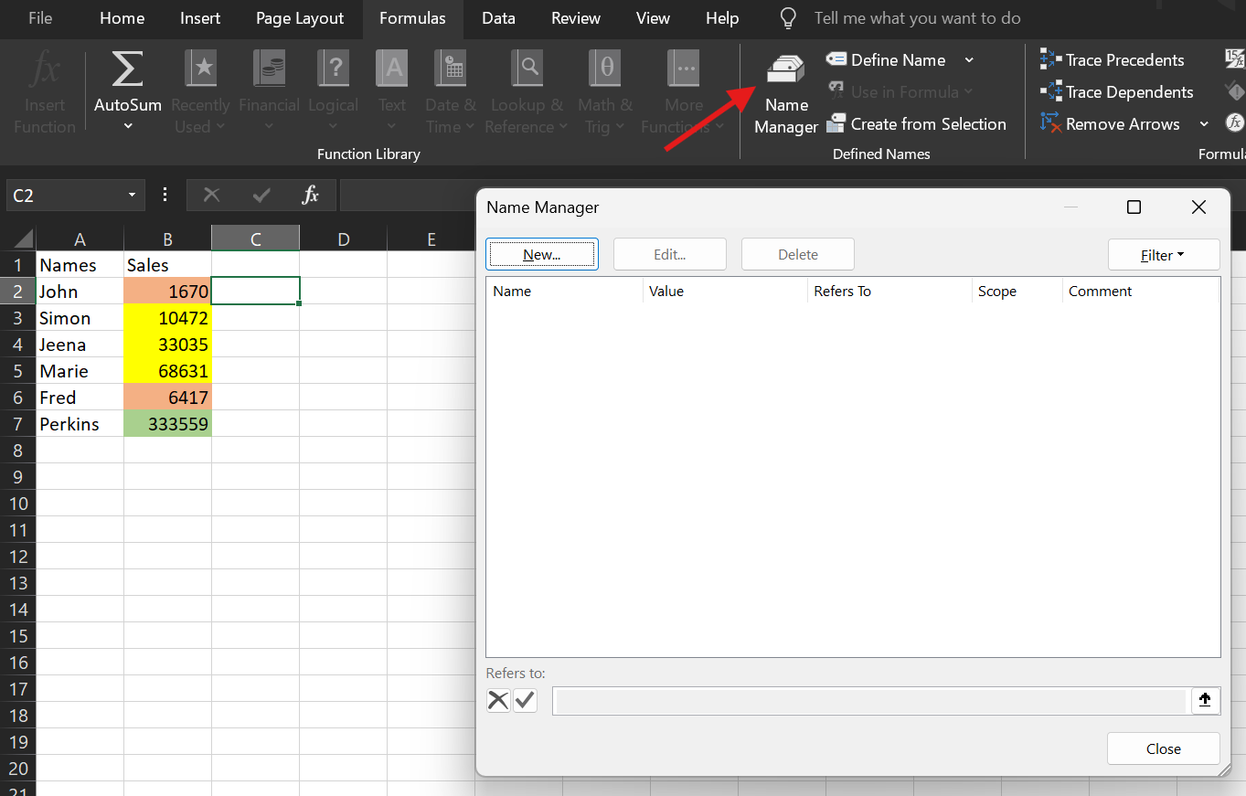 Creating a Name Manager in Excel.