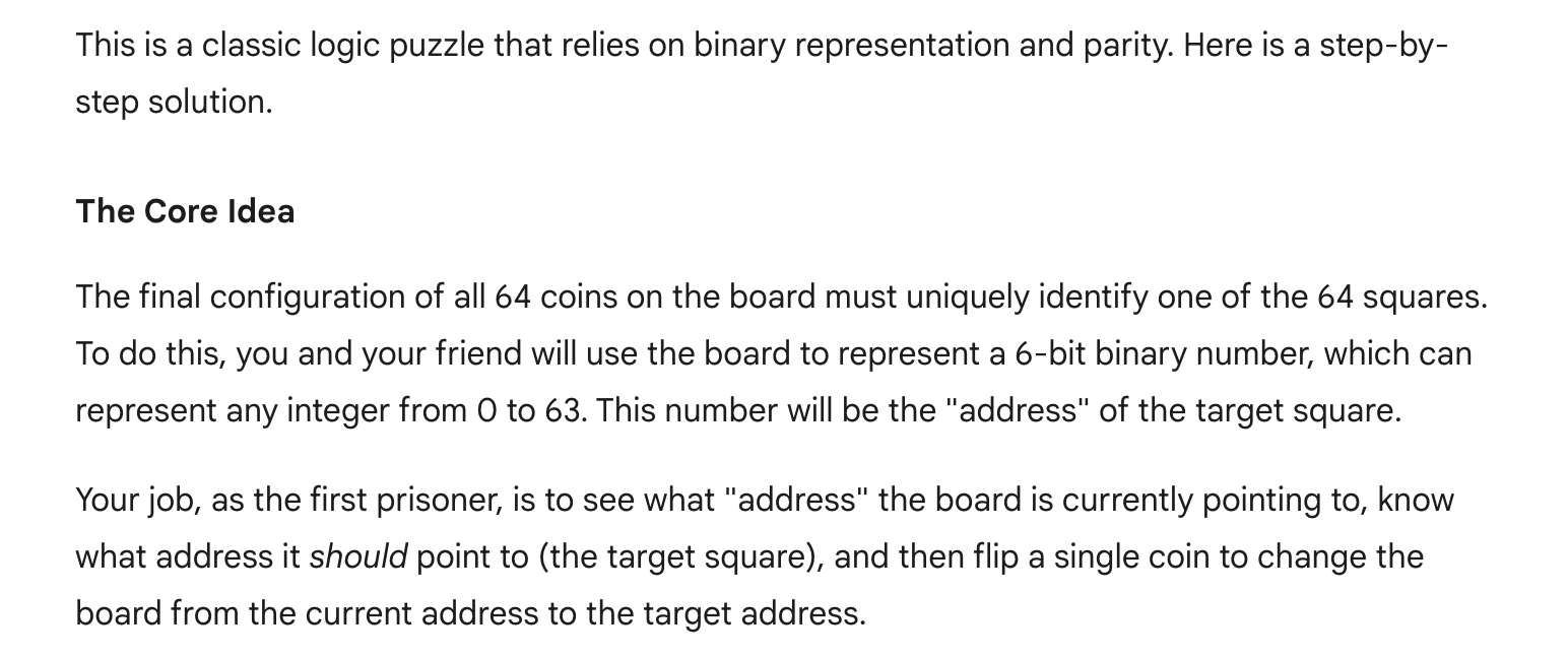 Image of a text document explaining the solution to a classic logic puzzle based on binary representation and parity. It describes the method of uniquely identifying one of 64 squares using a 6-bit binary number and outlines the responsibility of the first prisoner in the puzzle scenario.