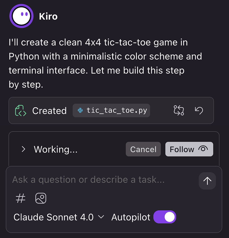 Le bouton « Suivre » de Kiro IDE permet aux utilisateurs d'observer le travail de l'agent IA en temps réel pendant la génération du code.