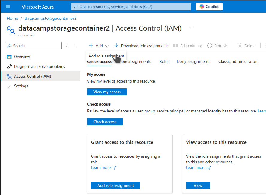 Azure Storage Container Access Control page
