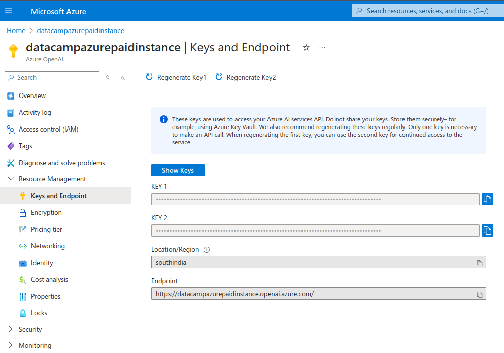 Clés API de l'instance Azure OpenAI