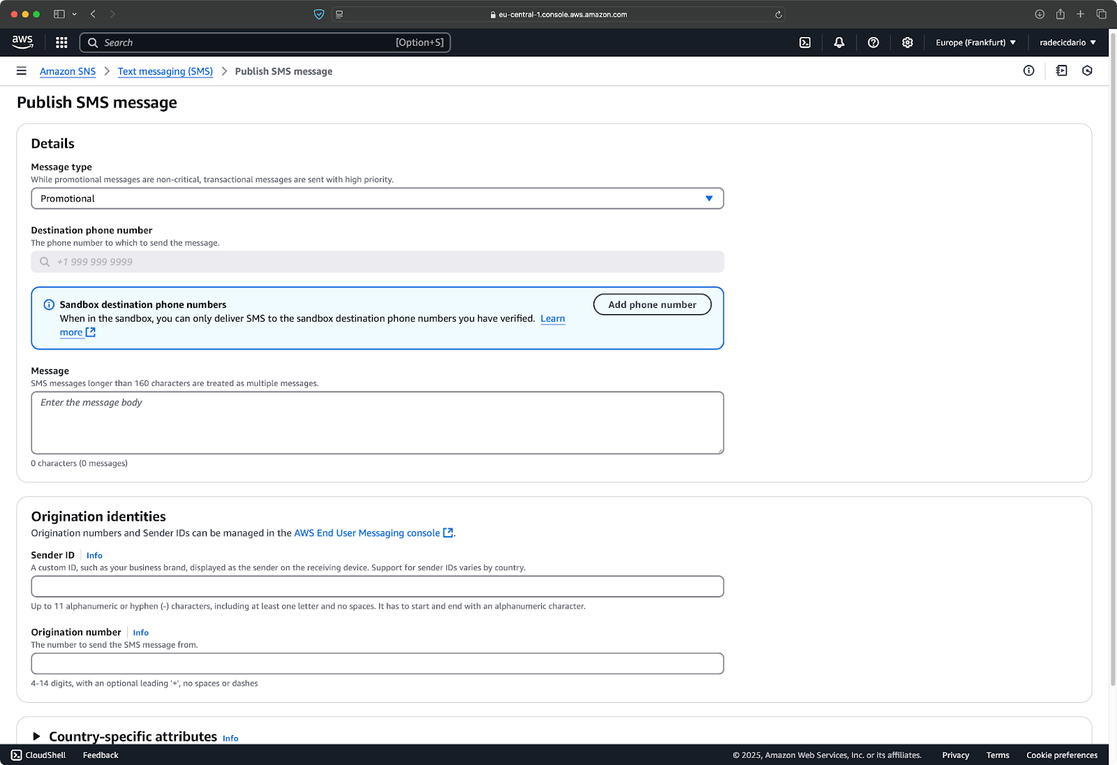 SMS options page in AWS SNS