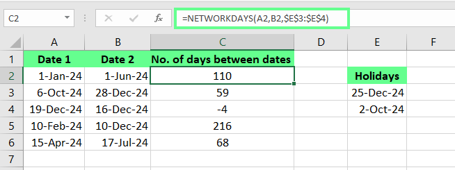 Encuentra los días sin festivos entre las fechas utilizando NETWORKDAYS() en Excel