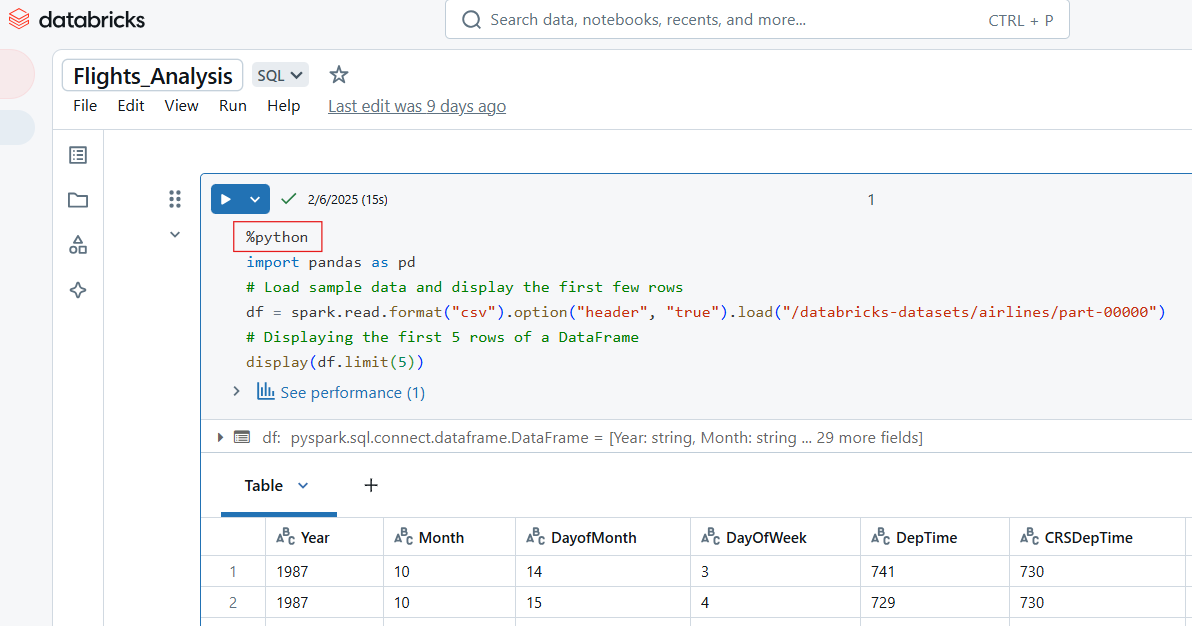 Exemplo de código Python no Databricks Notebook.