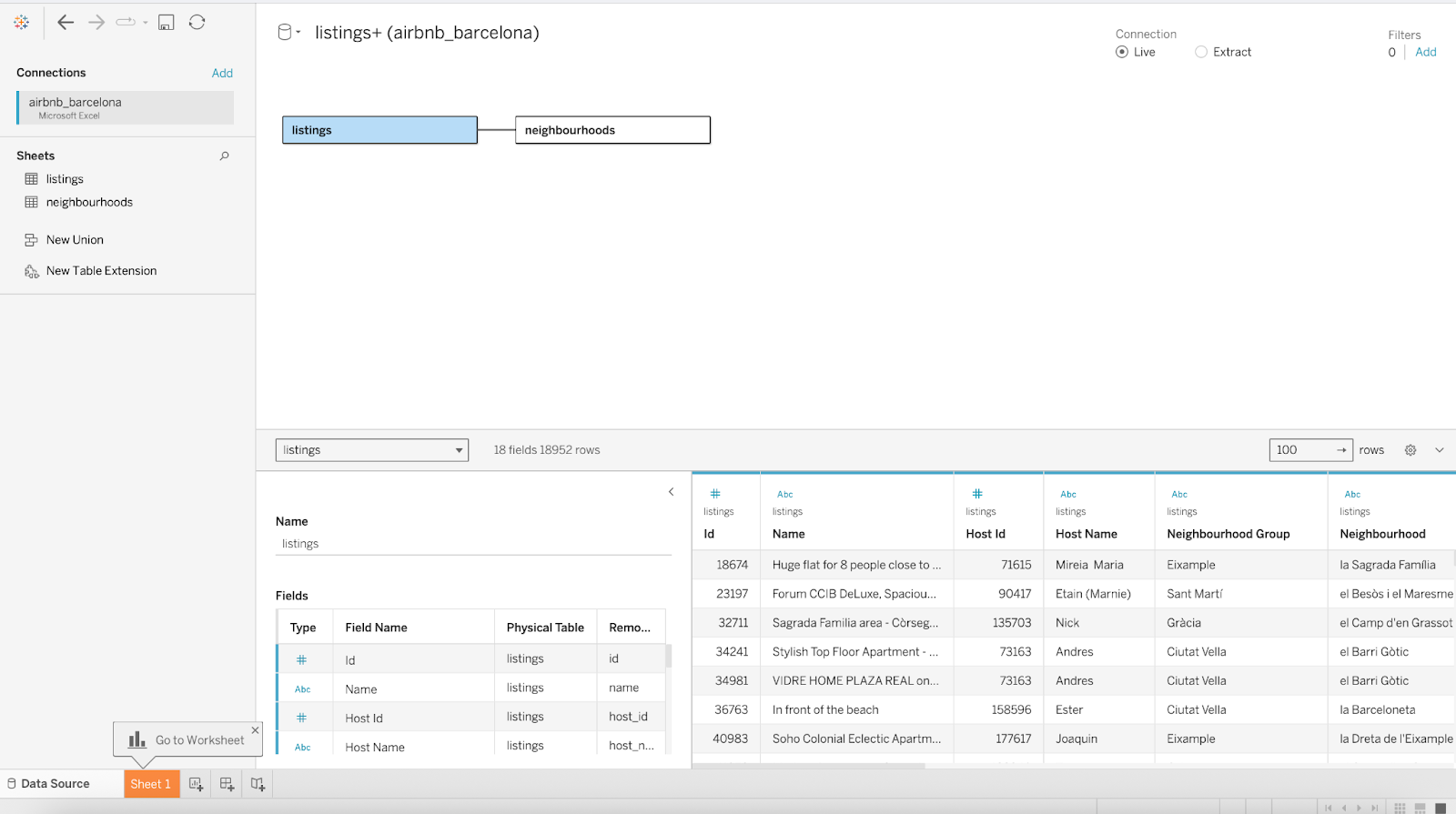 Screenshot der Tableau-Oberfläche beim Aufbau relationaler Datenbankbeziehungen.