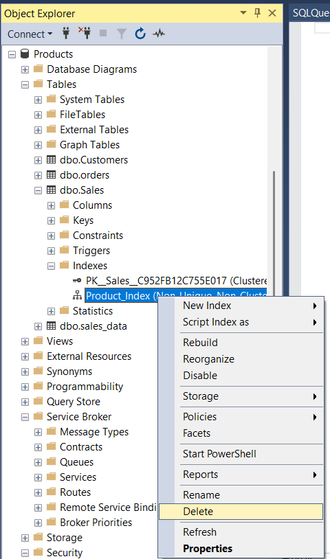 Navigate to the index you want to delete.