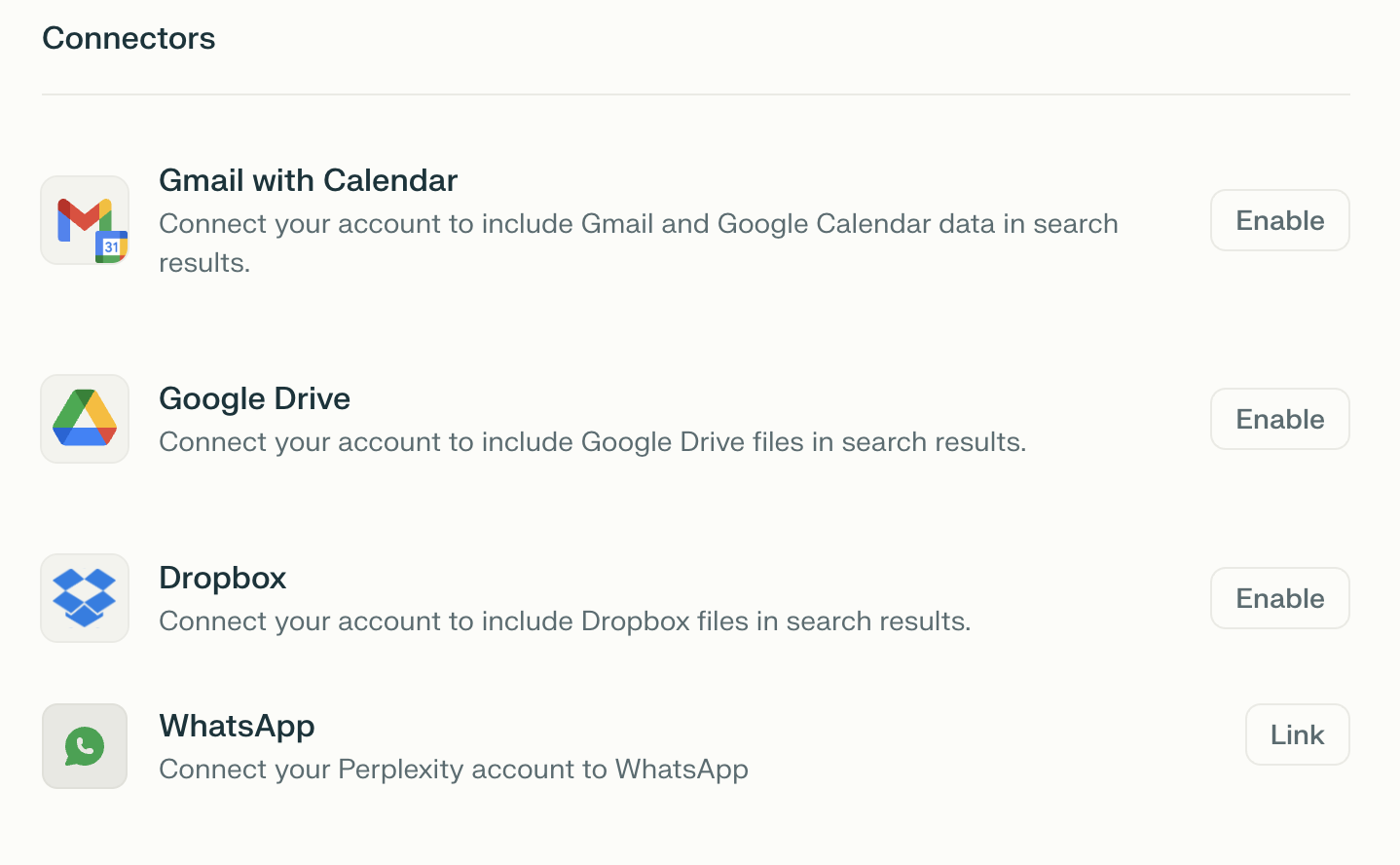 Captura de pantalla de la interfaz de Perplexity AI que muestra las opciones de conexión para Gmail con Calendar, Google Drive, Dropbox y WhatsApp, cada una con botones para habilitar la vinculación para la integración de los resultados de búsqueda.