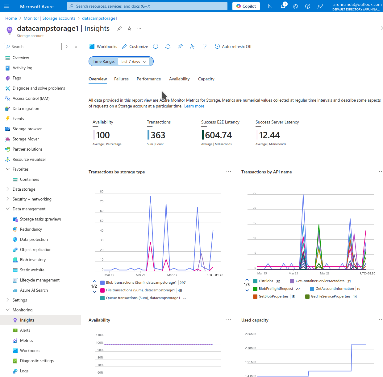 Viewing Azure Storage account insights