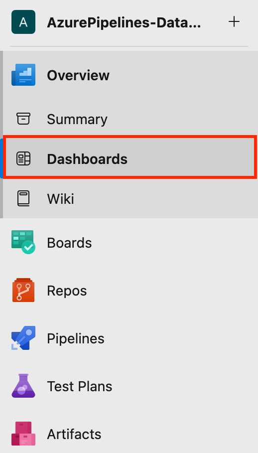Interface Azure DevOps montrant la section Tableaux de bord avec des widgets intégrés pour l'état des pipelines, les exécutions récentes, les taux d'échec et les durées moyennes.